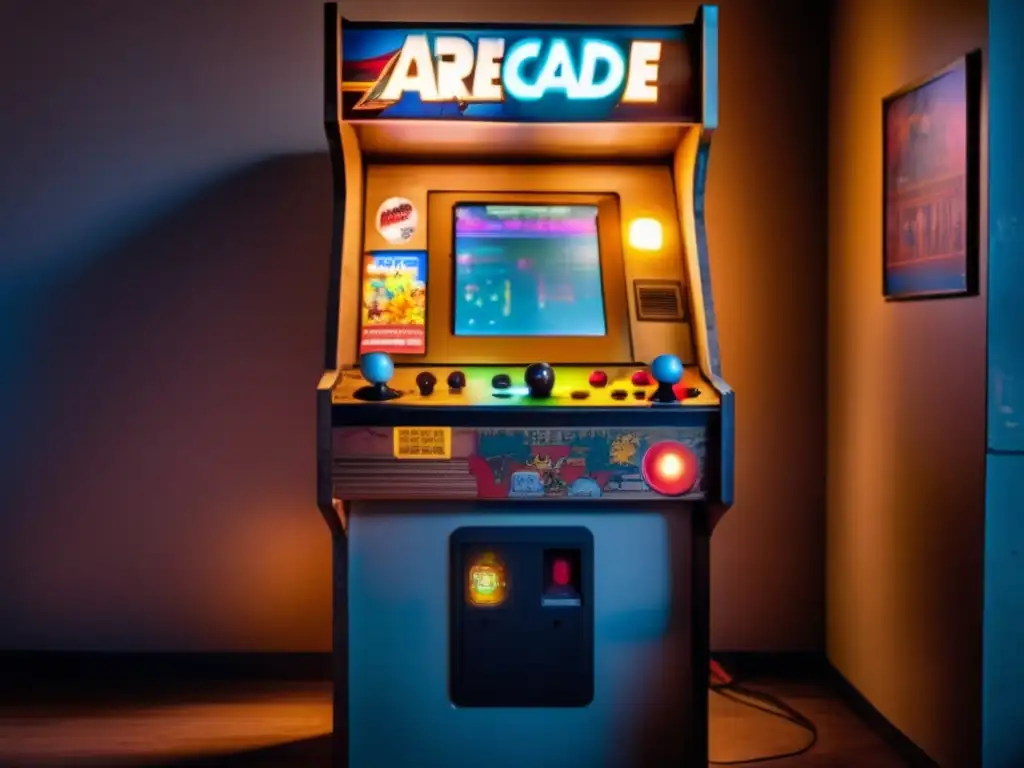 Un antiguo gabinete de arcade iluminado, rodeado de jugadores de diferentes edades y orígenes, capturando la tecnología juegos nube impacto cultural.