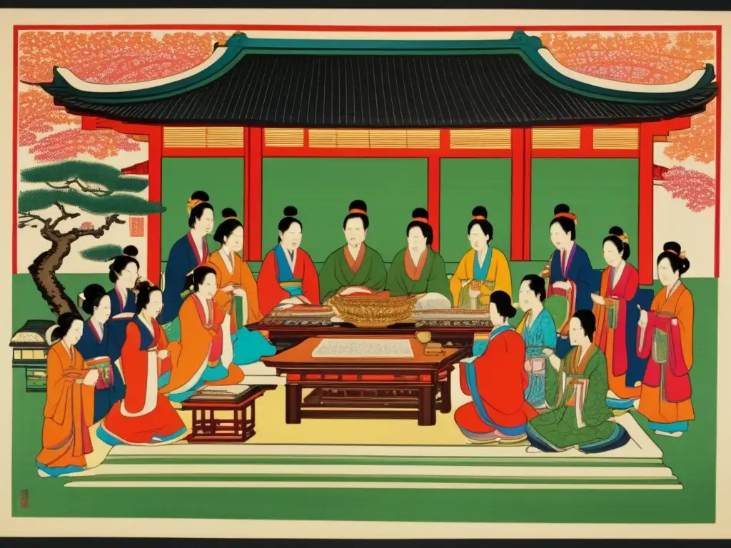 Un antiguo grabado en madera detalla una competencia literaria tradicional en Asia, con colores vibrantes y expresiones concentradas.