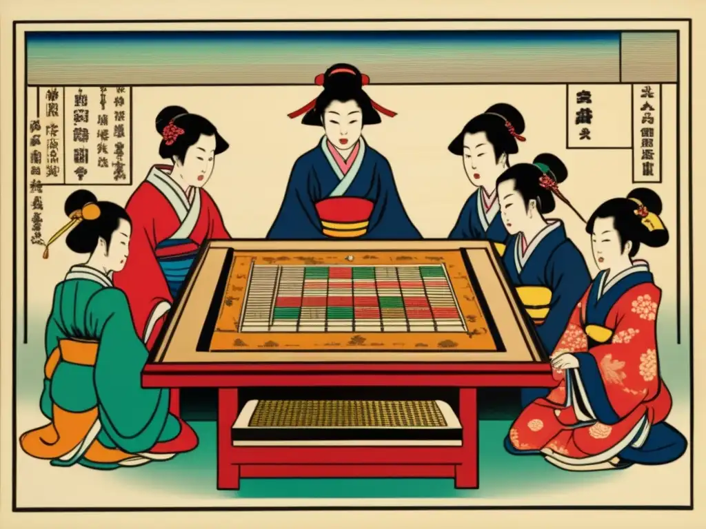 Un antiguo grabado en madera muestra un tablero de Sugoroku japonés rodeado de jugadores vestidos elegantemente. <b>Origen y evolución del Sugoroku.