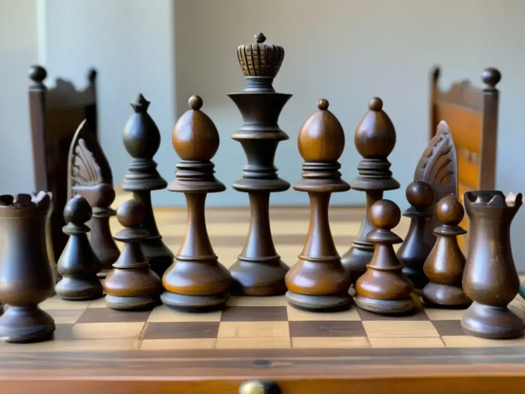 Un antiguo juego de ajedrez indio, con piezas talladas y un tablero desgastado, evocando el legado estratégico del precursor Chaturanga.