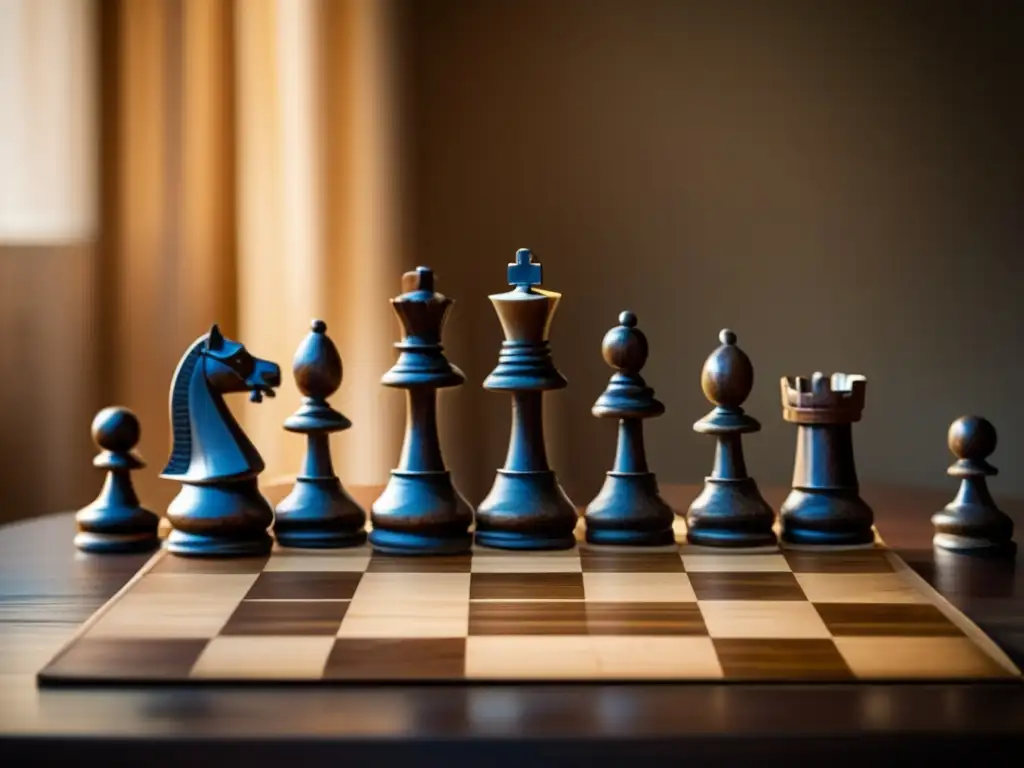 'Un antiguo juego de ajedrez de madera con iluminación suave que resalta las piezas, evocando nostalgia y los beneficios terapéuticos del ajedrez.'