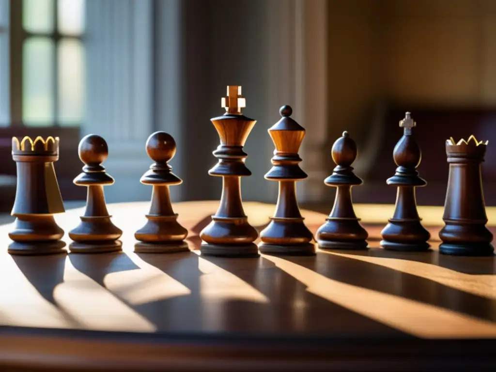 Un antiguo juego de ajedrez de madera en un ambiente nostálgico. <b>Estrategias de juegos clásicos intervención cognitiva.