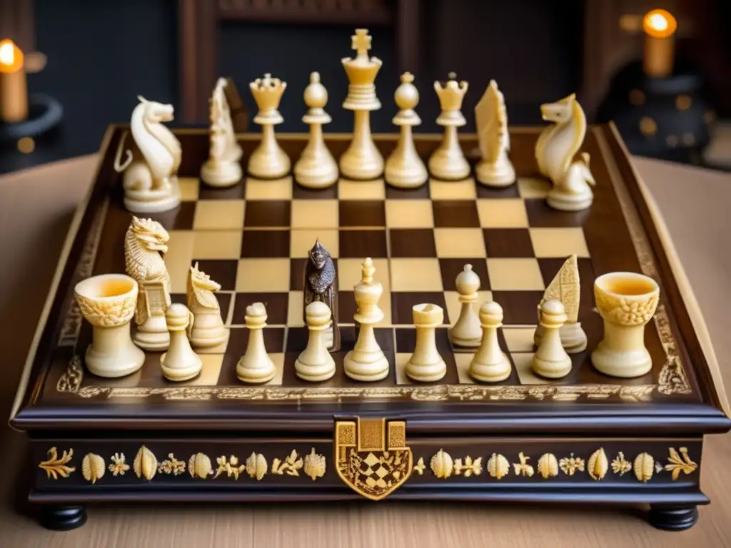 Un antiguo juego de ajedrez medieval con piezas de marfil talladas detalladamente, mostrando simbolismo y estrategia en ajedrez medieval.