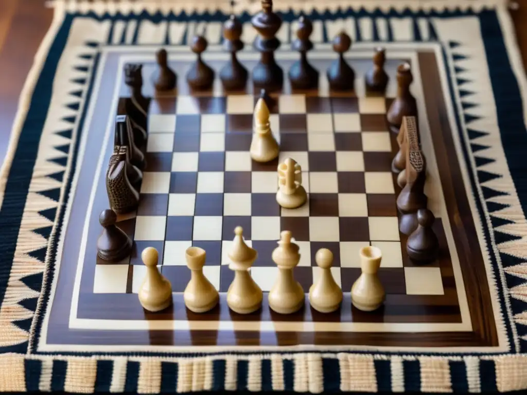 Un antiguo juego de ajedrez somalí tallado en marfil, sobre un tapete tradicional. <b>Detalles exquisitos que reflejan la influencia cultural del ajedrez somalí.
