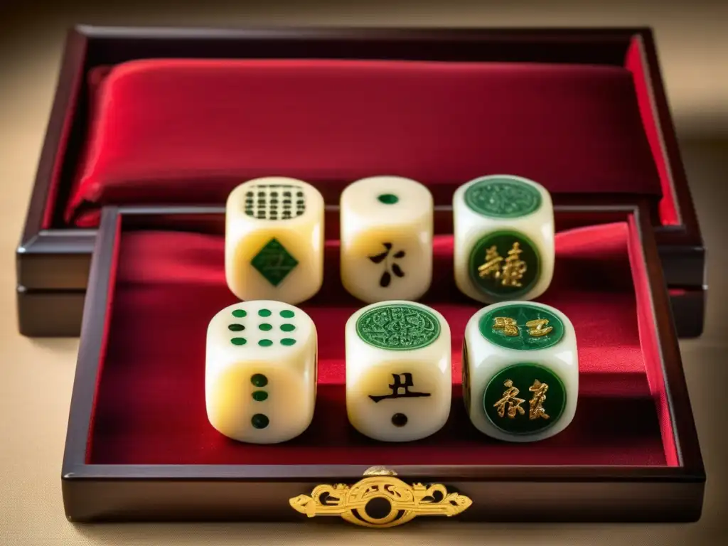 Un antiguo juego chino de dados, monedas y baldosas de bambú, sobre un paño de seda carmesí. <b>Origen y significado del juego Hoo Hey How.