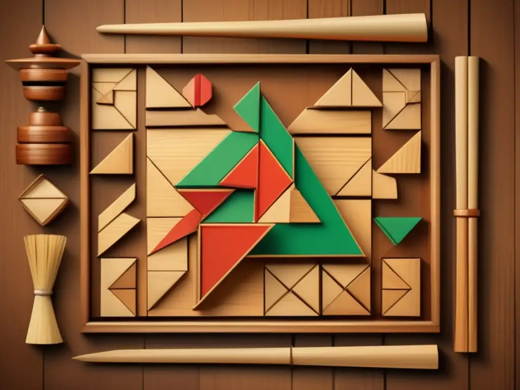 Un antiguo juego de tangram chino en una mesa de madera envejecida, rodeado de pergaminos y pinceles, evoca la historia y el origen del Tangram.