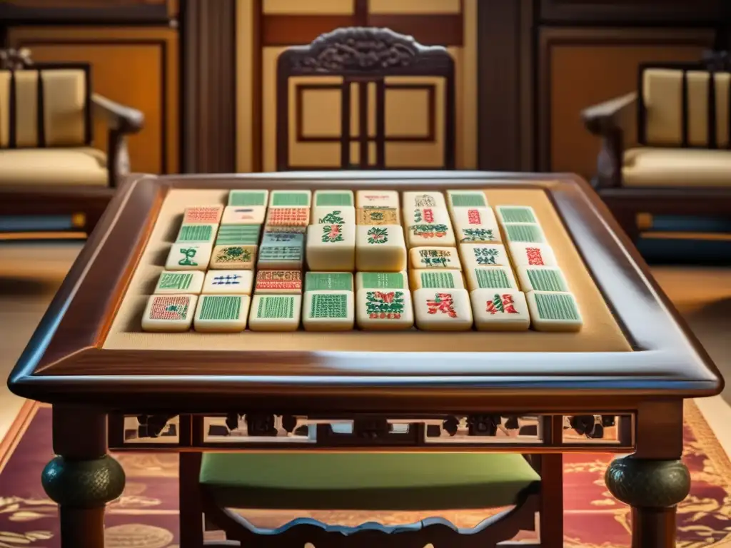 Un antiguo juego de mahjong colocado sobre una mesa de madera ornamentada, evocando la rica historia y evolución del mahjong en Europa.
