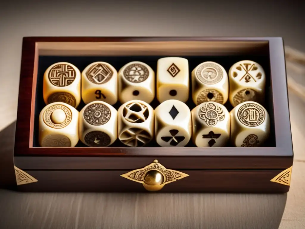 Antiguo juego de dados de marfil con símbolos grabados. La importancia de los juegos de adivinación en la antigüedad se refleja en estas piezas.