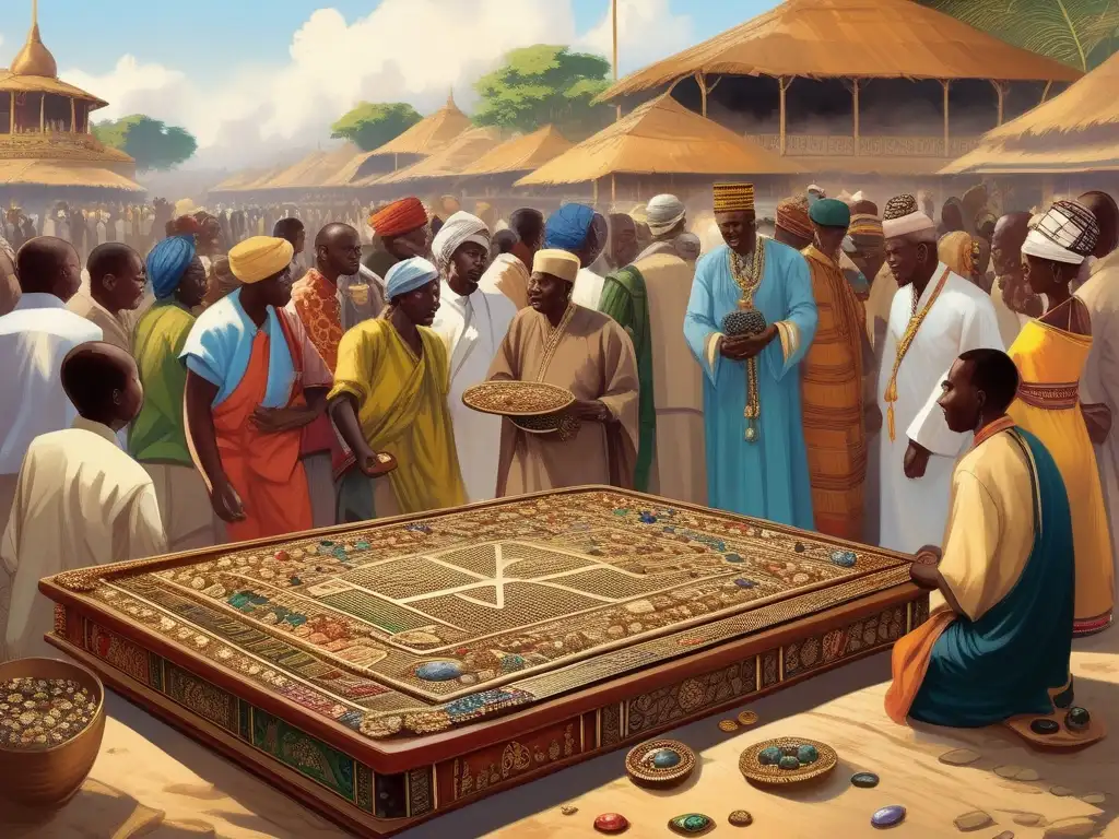 Un antiguo juego de Bao con detalles tallados, gemas vibrantes y escena de mercado en África o Asia. <b>Historia, tradición y piedras preciosas.