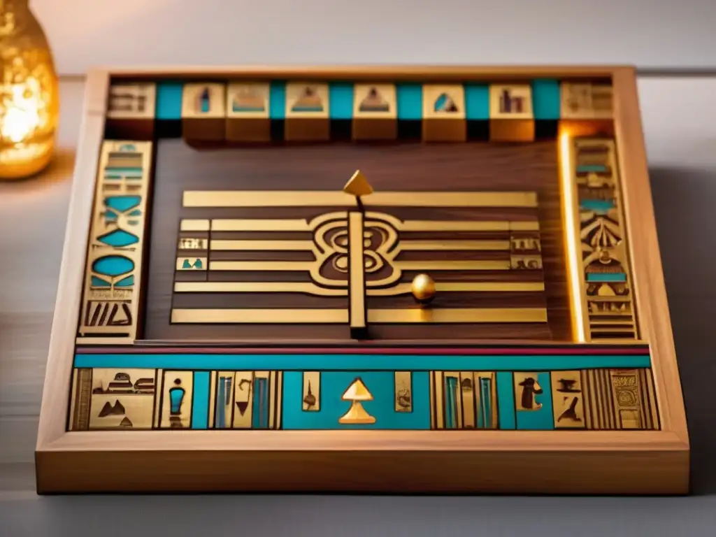 Un antiguo juego de Senet egipcio preservado con esplendor. El tablero de madera pulida, con jeroglíficos e incrustaciones de oro, es iluminado por suave luz de velas. Una atmósfera de misterio y encanto evoca la historia y el impacto cultural del Senet