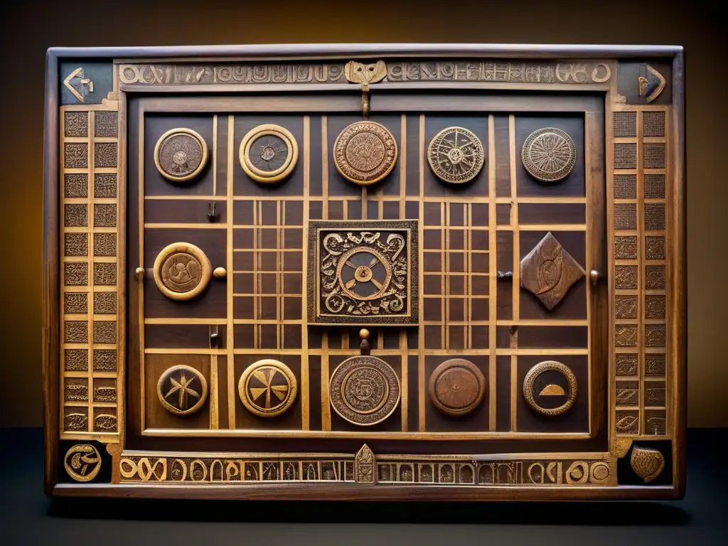 Un antiguo juego de mesa europeo tallado en madera oscura, con símbolos desgastados. <b>Simbolismo antiguo juego mesa.