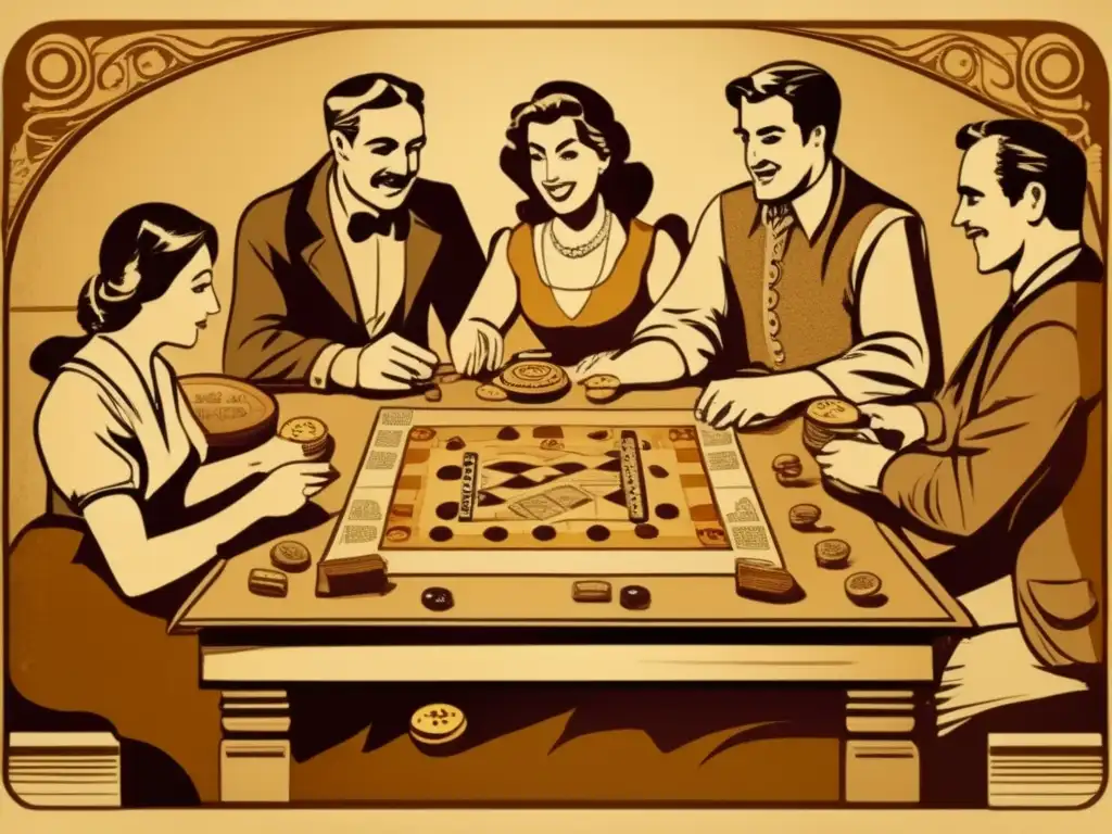 Un antiguo juego de mesa, con personas disfrutando del juego, evoca la evolución cultural de los juegos de mesa.