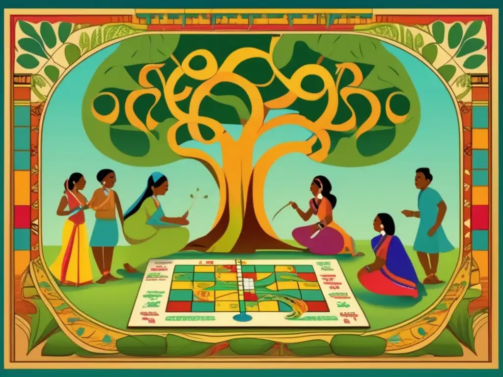 Un antiguo juego de serpientes y escaleras se lleva a cabo bajo un árbol baniano, evocando las tradiciones y el origen del juego en la India.