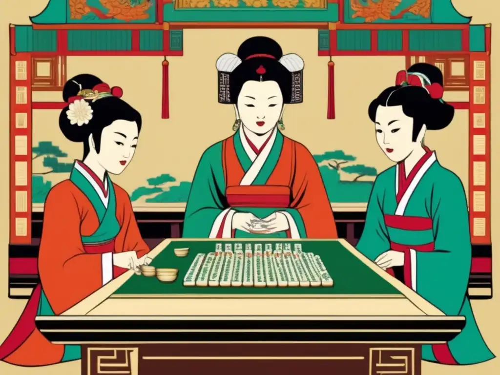 Un antiguo juego de mahjong en Asia del siglo XIX, capturando su historia y evolución con detalles y colores vibrantes.