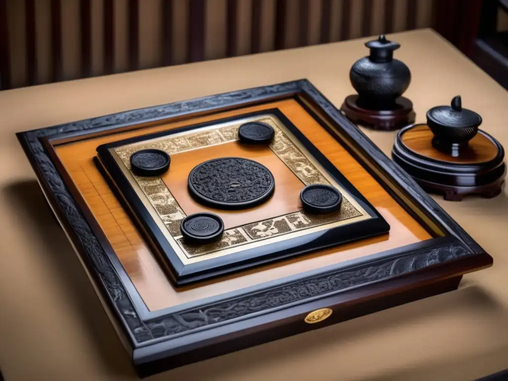 Un antiguo juego de xiangqi tallado en ébano y marfil reposa sobre una mesa ornamentada con motivos de dragón. <b>Detalles exquisitos y una atmósfera de elegancia atemporal evocan la historia y estrategia del xiangqi.