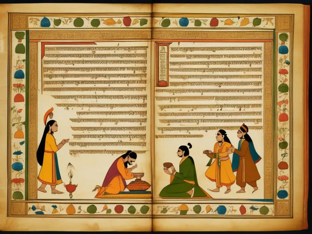 Un antiguo manuscrito hindú detalla juegos de ingenio y enigmas. <b>Los sabios resuelven puzzles rodeados de símbolos y juegos intrincados.