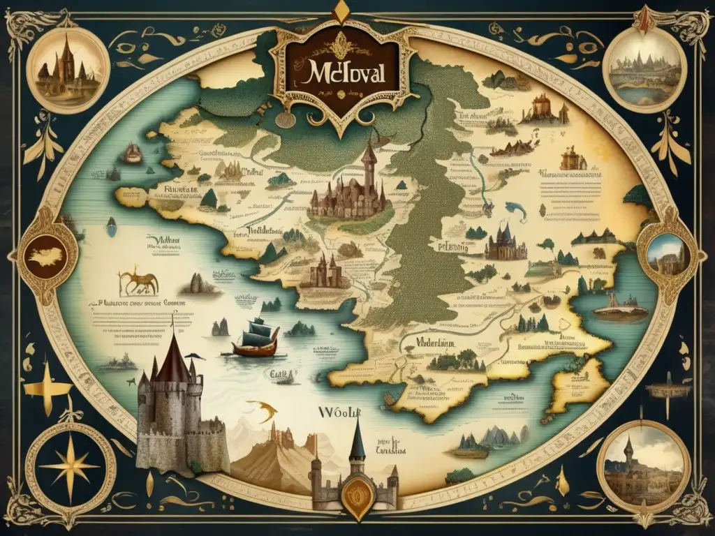 Un antiguo mapa detallado de un mundo de fantasía medieval, con criaturas míticas y paisajes extensos. <b>Evoca un legado histórico de Dungeons & Dragons con tonos terrosos y texturas envejecidas.