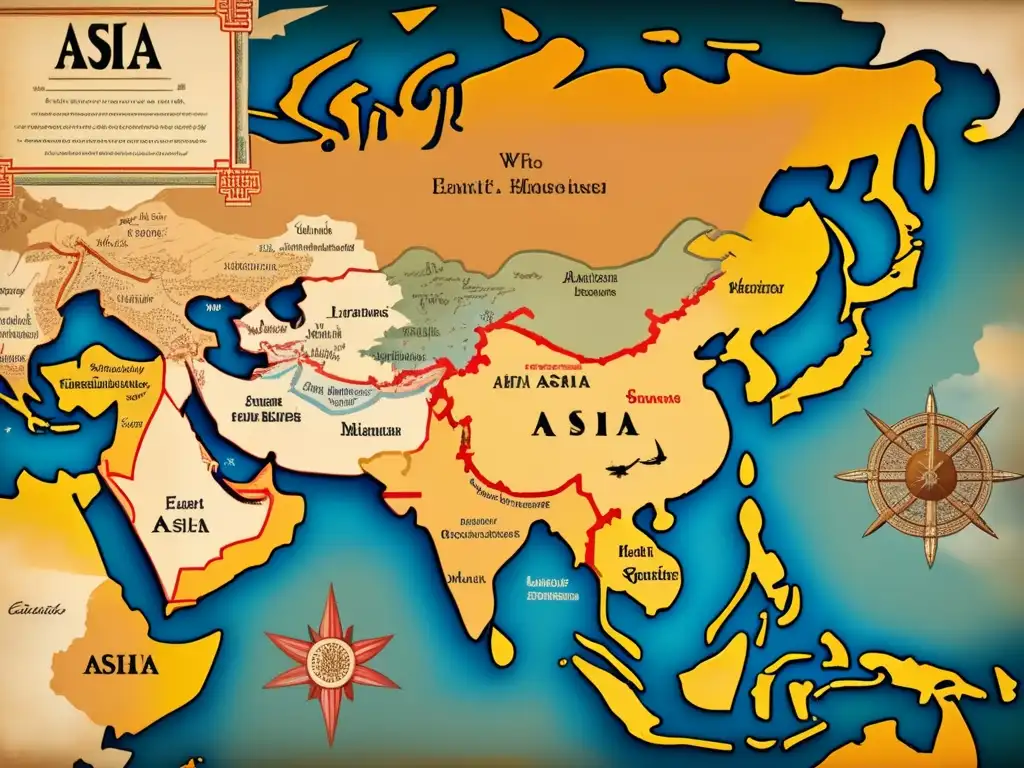 Un antiguo mapa de Asia con ilustraciones detalladas de escenas de guerra histórica superpuestas en diferentes regiones, mostrando la importancia estratégica de varios lugares en Asia Oriental a lo largo de la historia. El mapa está envejecido y desgastado, con colores desvanecidos y caligrafía ornament