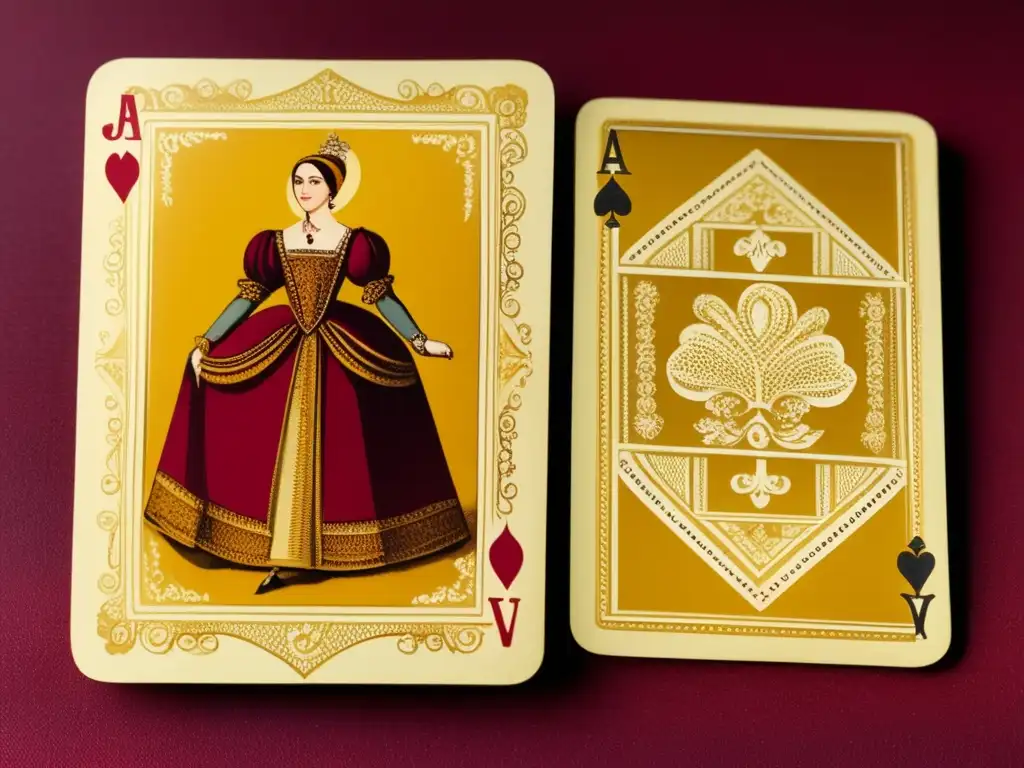 Un antiguo mazo de cartas de juego con diseño renacentista en rojo y oro. <b>Detalles de época.</b> <b>Juegos de cartas y matemáticas.