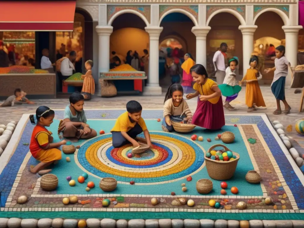 Un antiguo mosaico representa la evolución de los juegos infantiles en la cultura, con niños riendo y jugando en un bullicioso mercado.