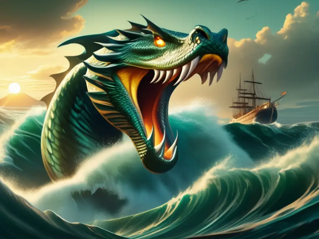 Un antiguo relato oceánico cobra vida en esta ilustración de una feroz serpiente marina emergiendo de las profundidades, sus escamas brillando bajo la luz del sol mientras las olas rompen a su alrededor. Los ojos amenazantes de la criatura se fijan en un barco dist