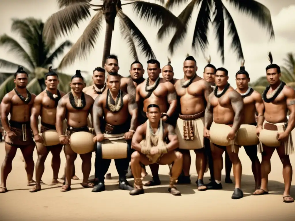Un antiguo retrato de hombres musculosos de Oceanía compitiendo en juegos de fuerza tradicionales, con tatuajes tribales y tocados tejidos. <b>La competencia de fuerza refleja la cultura y la historia de Oceanía.</b> <b>Competencias juegos fuerza Oceanía.