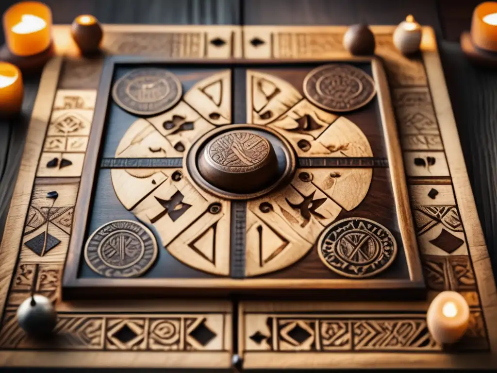 Un antiguo tablero de Tafl detallado con grabados intrincados, piezas estratégicamente colocadas. <b>La madera desgastada refleja la rica tradición y estrategia de la mecánica de juegos vikingos conquista.
