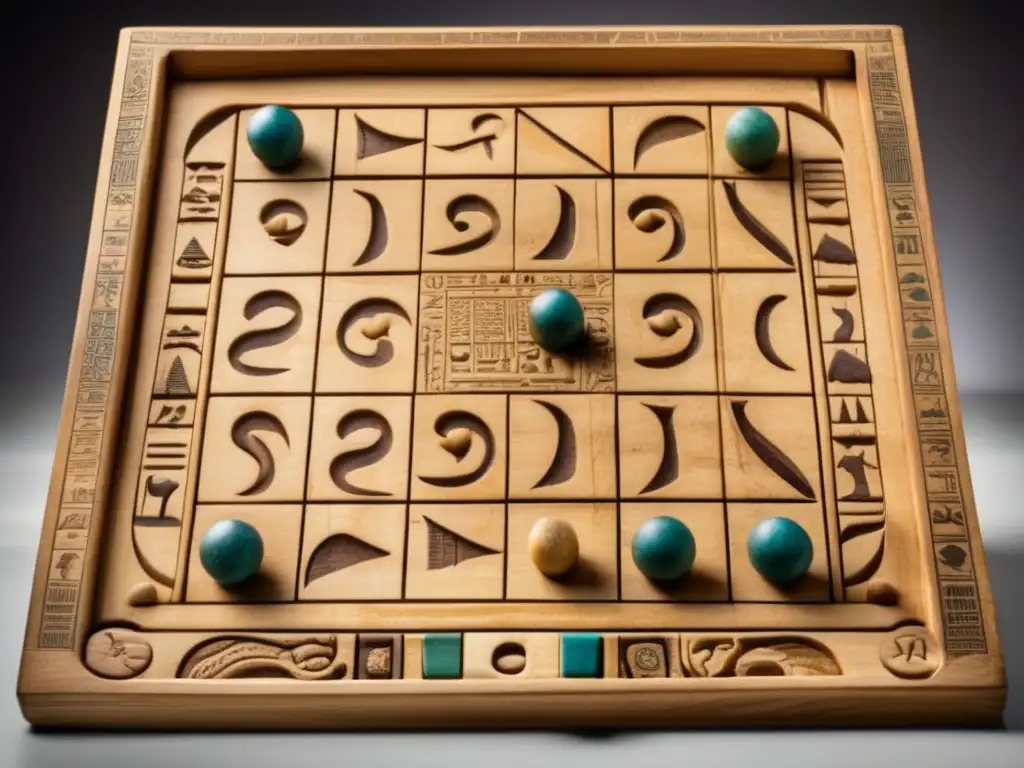 Un antiguo tablero de juego de Mehen, adornado con serpientes y criaturas míticas, evocando significado espiritual y misticismo egipcio.