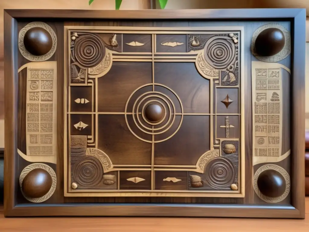 Un antiguo tablero de juego de Ayoayo tallado en madera, estratégicamente dispuesto sobre pergamino envejecido. <b>Evoca sabiduría ancestral y estrategia atemporal.</b> <b>Juego milenario Ayoayo estrategia.