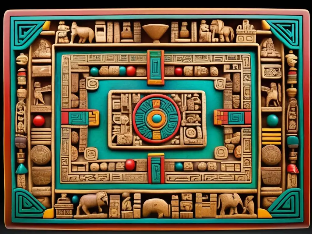 Un antiguo tablero de juego azteca tallado en piedra, con jugadores y espectadores, mostrando la influencia cultural de los juegos aztecas.