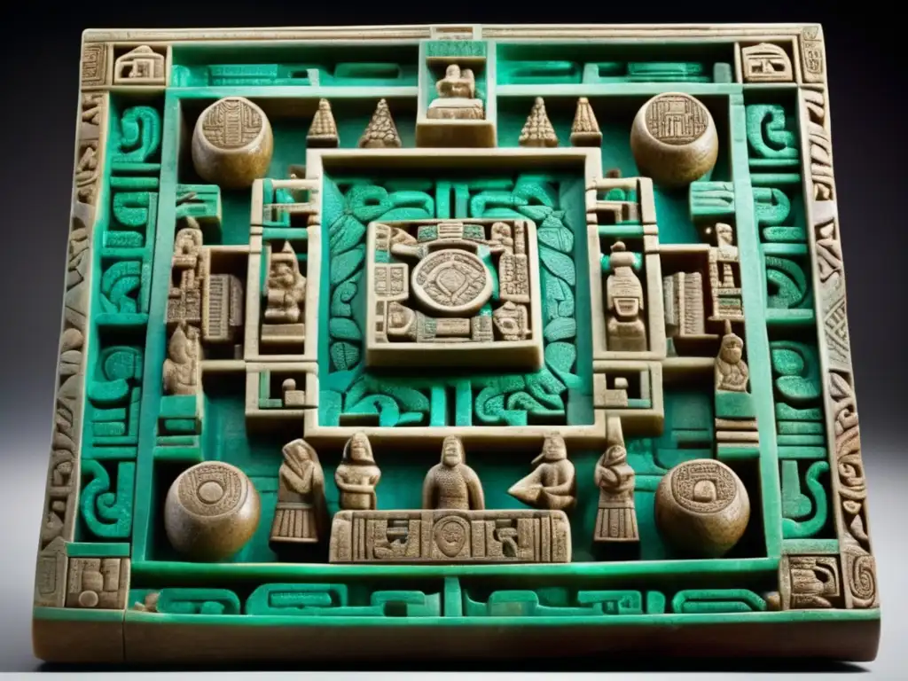 Un antiguo tablero de juego azteca tallado en piedra, con incrustaciones de turquesa y jade, muestra una intensa partida de patolli entre guerreros. La influencia cultural de los juegos aztecas se refleja en esta escena llena de historia.