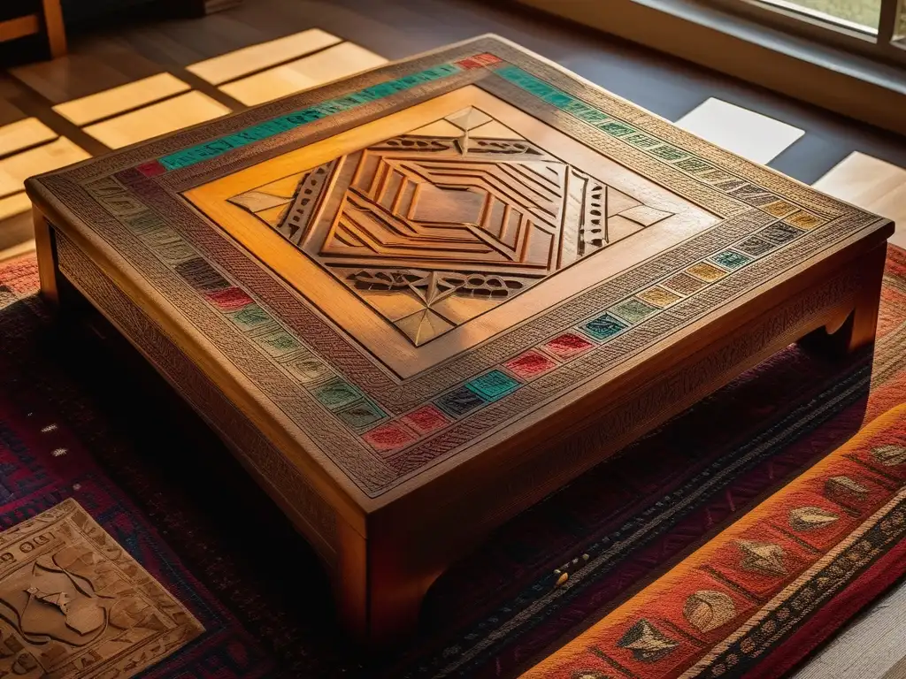 Un antiguo tablero de juego de madera tallada con patrones geométricos coloridos sobre una alfombra desgastada de Medio Oriente, iluminado por los cálidos rayos dorados del atardecer. <b>Preservación de juegos tradicionales en Medio Oriente.