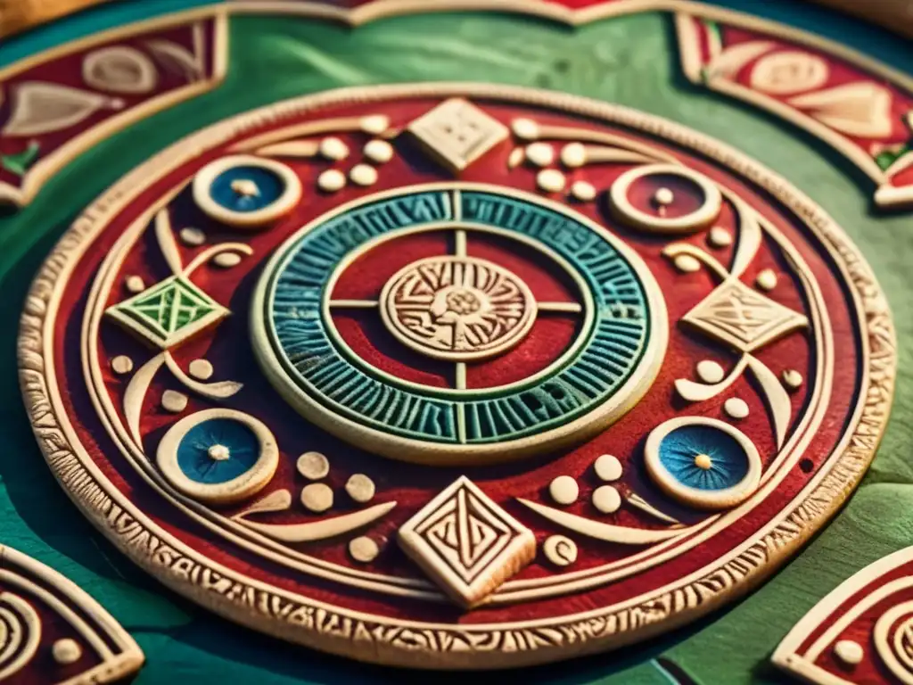 Un antiguo tablero de juego de Patolli tallado con colores vibrantes y símbolos detallados, mostrando el origen y significado del patolli.