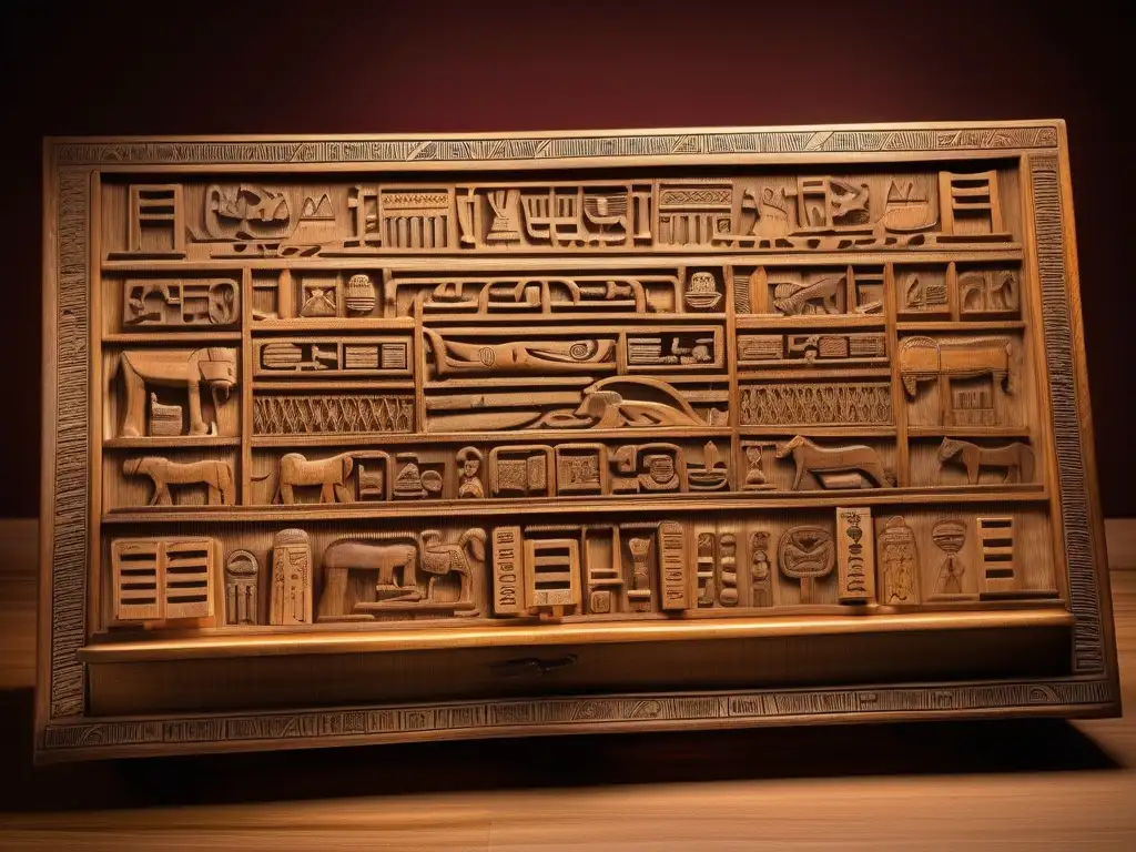 Un antiguo tablero de juego de Senet tallado en madera, con intrincadas inscripciones jeroglíficas y preservado en una vitrina de museo. El fondo muestra pergaminos de papiro y artefactos egipcios antiguos, iluminados con una cálida luz que evoca nostalgia. Los detalles