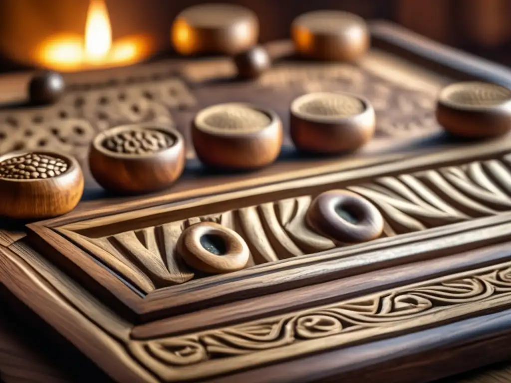 Un antiguo tablero de madera del juego Dakon, con semillas desgastadas en tonos terrosos. <b>La luz suave destaca la rica historia del Juego de siembra y cosecha Indonesia.