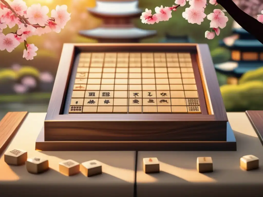 Un antiguo tablero de shogi japonés en un jardín de cerezos en flor, iluminado por el cálido sol. <b>Refleja la historia y evolución del shogi.