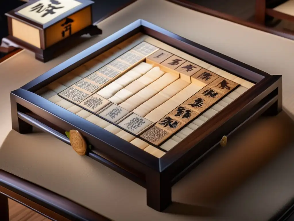 Un antiguo tablero de shogi tallado, rodeado de pergaminos japoneses y una suave luz de linterna, evoca la historia y evolución del shogi.