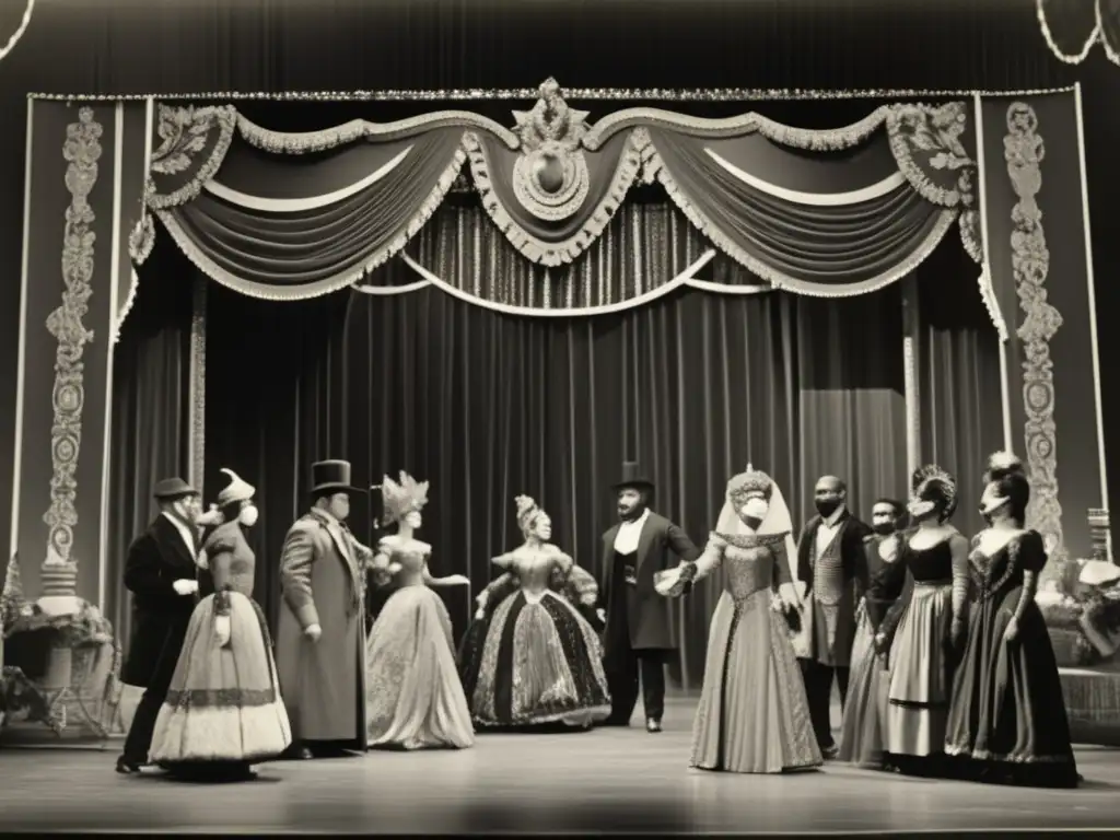 Un antiguo teatro en blanco y negro con actores en máscaras y trajes dramáticos. <b>Detalles vívidos que muestran el rol del disfraz en la performance.