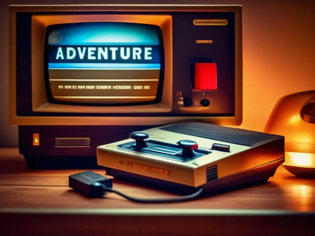 Un antiguo videojuego con consola y control polvoriento, iluminado por la cálida luz de un televisor CRT. <b>Cartuchos clásicos y guía de juego desgastada evocan nostalgia y la era pionera de la narrativa y la exploración en videojuegos.</b> La imagen sepia envejecida