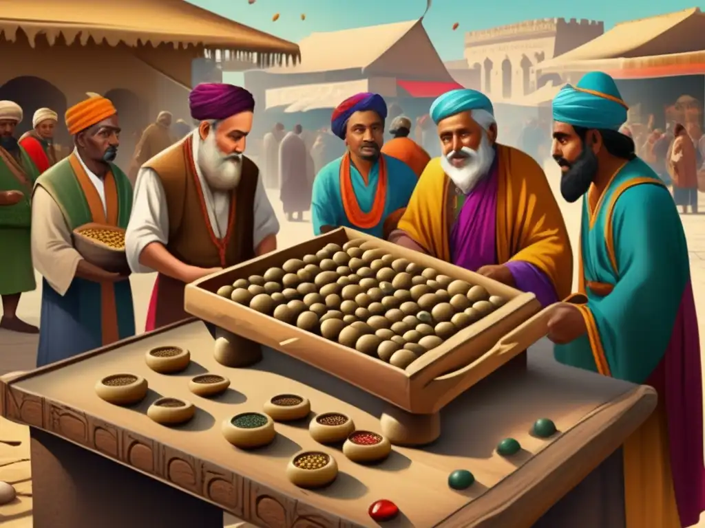 Antiguos comerciantes juegan mancala en bullicioso mercado, reflejando difusión cultural e histórica del juego.