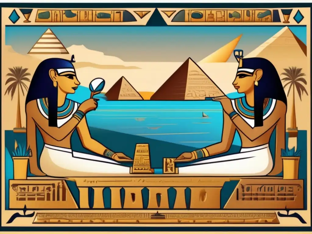 Antiguos egipcios juegan Senet junto al Nilo y las pirámides, evocando la vida después de la muerte.