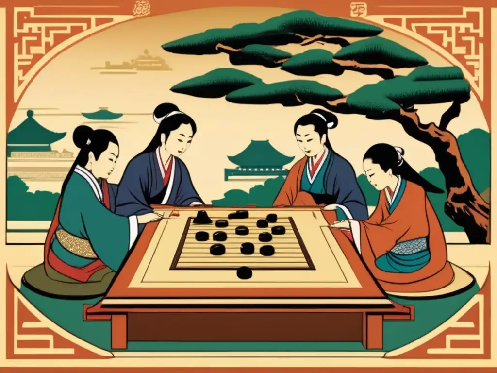 Antiguos eruditos asiáticos juegan Go en ilustración vintage. <b>Historia del juego de Go en Asia.