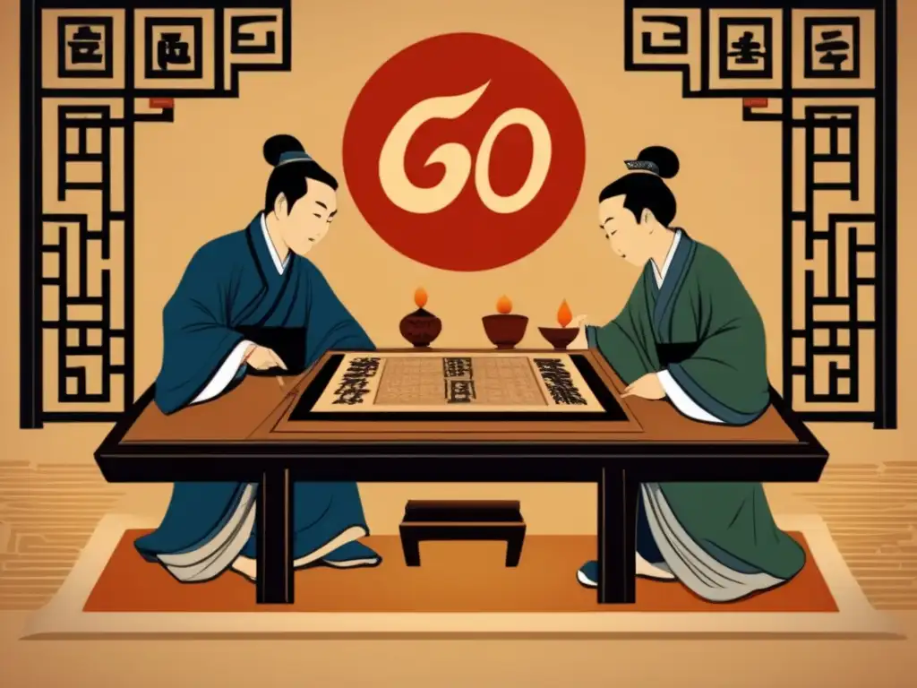 Dos antiguos eruditos chinos juegan al Go en un ambiente cálido y concentrado, reflejando la influencia cultural del Go oriental.