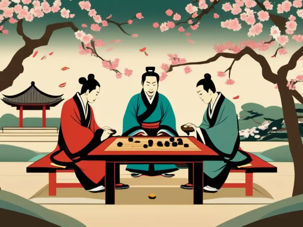 Dos antiguos eruditos chinos juegan Go en un jardín asiático con cerezos en flor. <b>La imagen representa la historia del juego de Go en Asia.