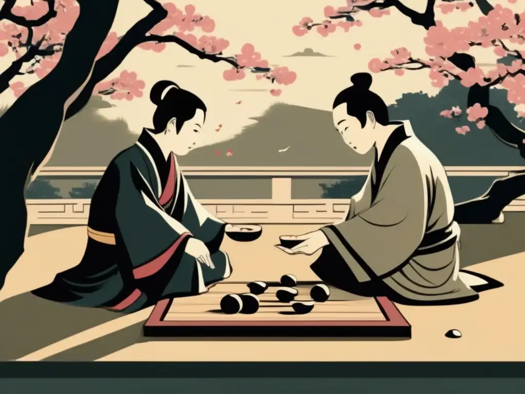 Dos antiguos eruditos chinos juegan al Go en un jardín tranquilo, rodeados de árboles de cerezos y arquitectura tradicional china. La influencia global de Go en estrategia se refleja en su profunda concentración mientras el sol se pone suavemente sobre el escenario.