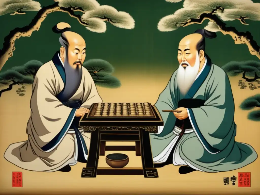 Dos antiguos eruditos coreanos juegan Go en un jardín exuberante. <b>Escena de la historia del juego de Go en Asia.