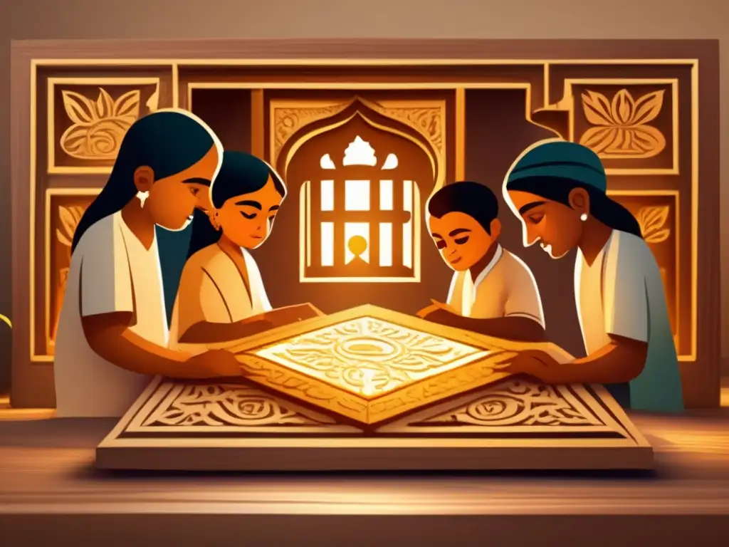 Antiguos eruditos indios resolviendo un intrincado juego de ingenio en una ilustración vintage. <b>La escena irradia sabiduría y curiosidad.</b> <b>Juegos de ingenio en la antigua India.