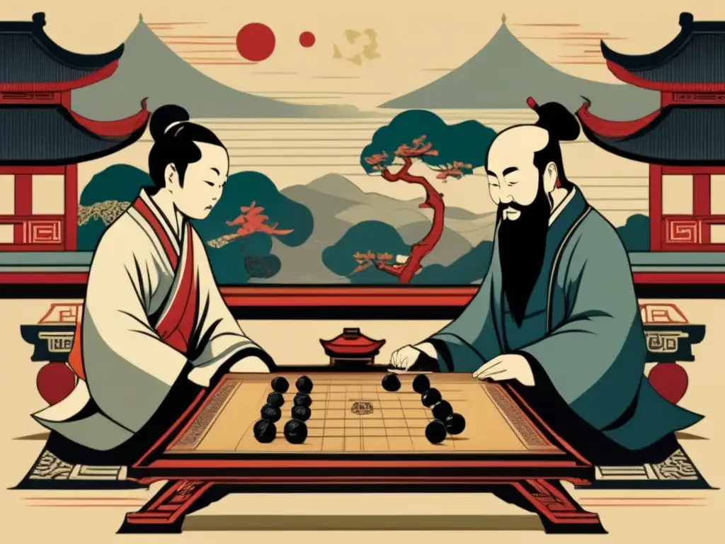 Dos antiguos filósofos chinos juegan Weiqi, rodeados de espectadores en un paisaje tradicional, evocando la filosofía y estrategia del Weiqi.