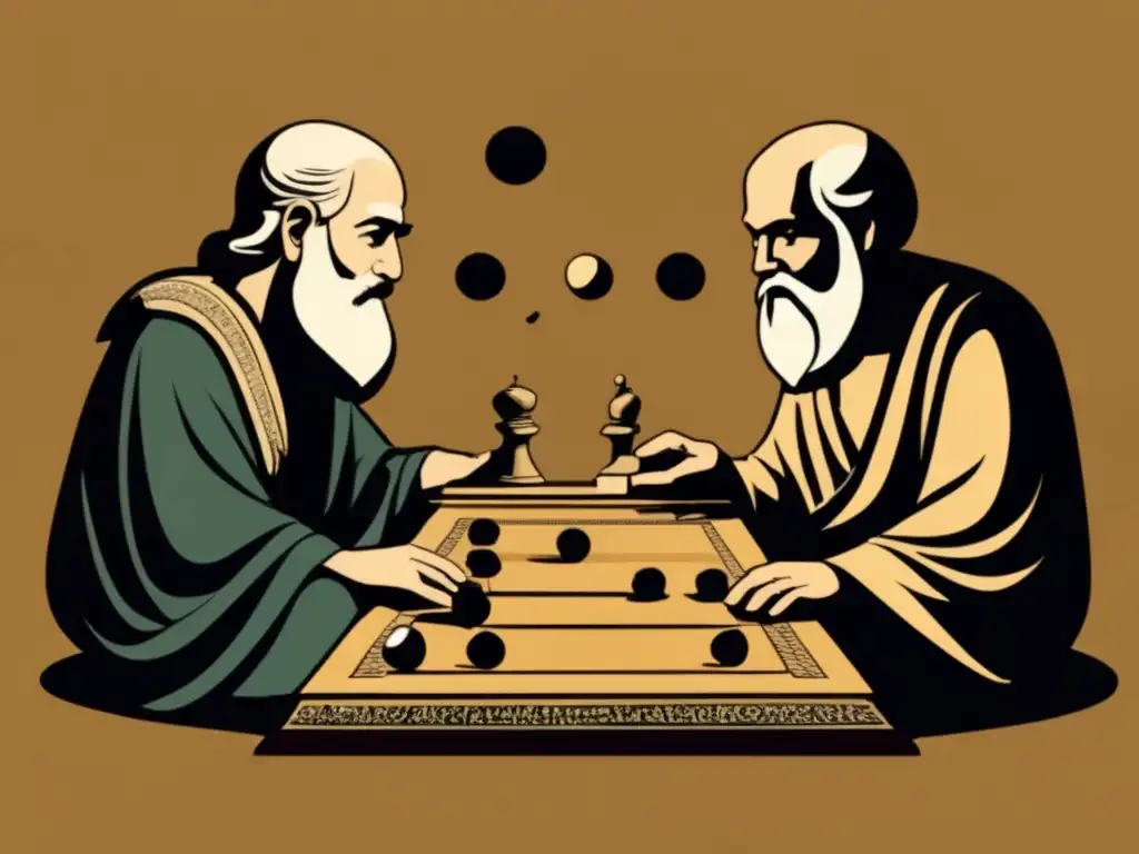 Dos antiguos filósofos juegan Go, inmersos en concentración y sabiduría. <b>La imagen evoca la filosofía y estrategia del juego Go.