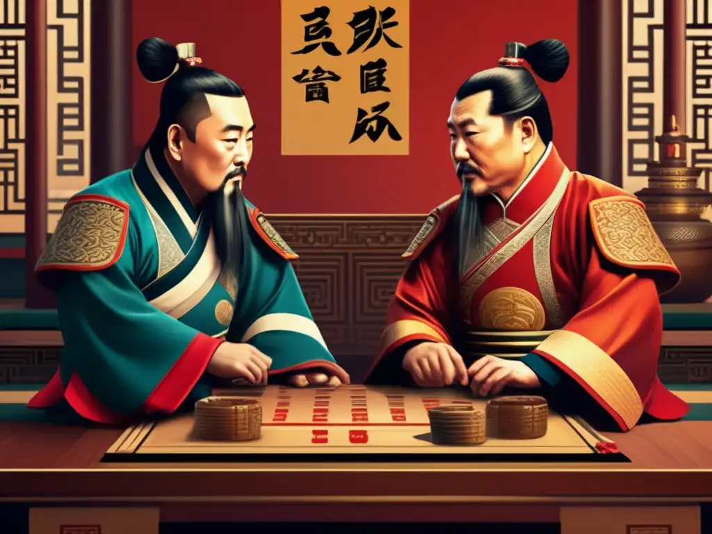 Dos antiguos generales chinos juegan Wei Qi en un entorno tradicional, evocando el origen y significado estratégico del Wei Qi.